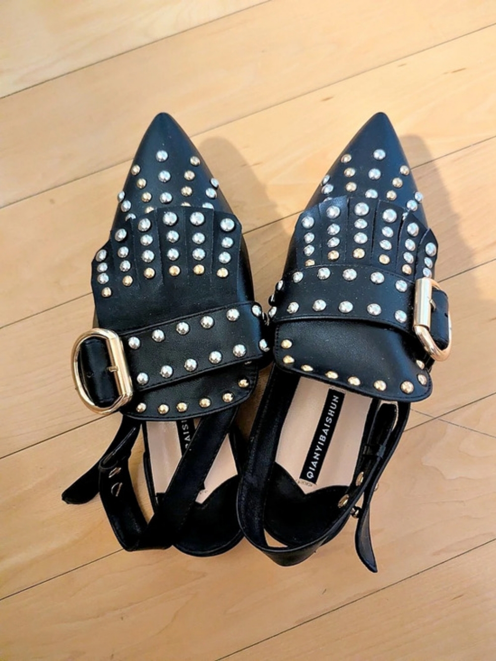 Studded Black Pointed-Toe Slingback Sandals